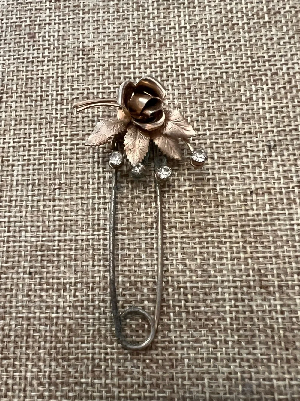Vintage Gold-Tone Rose Safety Pin Brooch with Crystal Accents